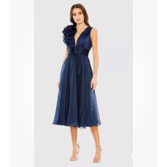 Mac Duggal Size 0 Navy 49494 Sleeveless Chiffon A-Line Midi Cocktail Dress Prom